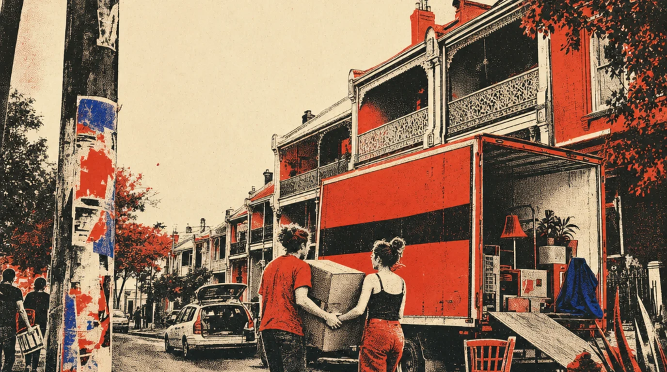Screenprint poster of a removal truck loading at the kerb of a narrow Newtown terrace street