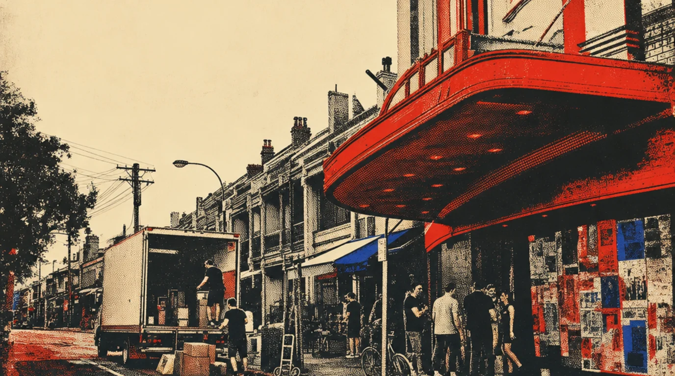 Screenprint of a removal truck working the kerb on a Enmore street